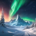 AI generated illustration of a nightscape of a mountain range illuminated by a vibrant aurora