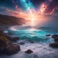 AI generated illustration of the nightscape of a tranquil ocean illuminated by a starry night sky