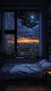 AI generated illustration of a nighttime bedroom wallpaper featuring a captivating cityscape