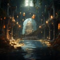 AI generated illustration of a nighttime scene of illuminated lanterns inside a stone castle Royalty Free Stock Photo