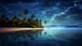 AI generated illustration of nighttime shot of a beach with silhouettes of palm trees Royalty Free Stock Photo