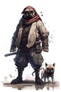 AI generated illustration of a ninja samurai bulldog with a small dog sidekick