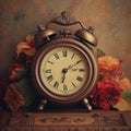 AI Generated Illustration O A Vintage Clock Surrounded By Roses On A Wooden Surface