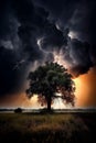 AI generated illustration of an oak tree in a thunderstorm, hit by a bright bolt of lightning Royalty Free Stock Photo