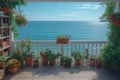 AI-generated illustration of an ocean view from a coastal home's porch adorned with potted plants Royalty Free Stock Photo