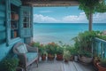 AI-generated illustration of an ocean view from a coastal home's porch adorned with potted plants Royalty Free Stock Photo