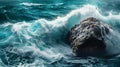 AI generated illustration of ocean waves breaking against rocks during the storm Royalty Free Stock Photo