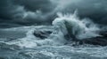 AI generated illustration of ocean waves breaking against rocks during the storm Royalty Free Stock Photo