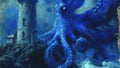 AI generated illustration of an octopus and lighthouse in a scenic painting