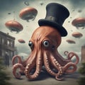 AI generated illustration of an octopus wearing a top hat in front of unidentified flying objects Royalty Free Stock Photo