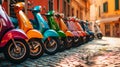 AI generated illustration ofaA colorful array of mopeds neatly arranged in a straight line Royalty Free Stock Photo