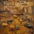 AI generated illustration of an oil painting featuring a rural scene of cows grazing in a landscape