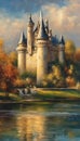 AI generated illustration of an oil painting of a majestic castle situated on a hill
