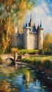 AI generated illustration of an oil painting of a majestic castle situated on a hill