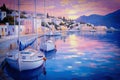 AI generated illustration of an oil painting of a Mediterranean harbor at calm pink sunset