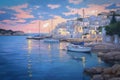 AI generated illustration of an oil painting of a Mediterranean harbor at calm pink sunset