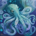 AI generated illustration of an oil painting of an octopus swimming amongst a school of jellyfish