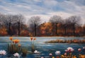 AI generated illustration of an oil painting of pond with white and red water lilies Royalty Free Stock Photo