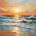 AI generated illustration of an oil painting of sea waves crashing against the shore at sunset Royalty Free Stock Photo