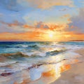 AI generated illustration of an oil painting of sea waves crashing against the shore at sunset Royalty Free Stock Photo