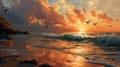 a painting on the wall shows a sunset and birds flying over a beach Royalty Free Stock Photo