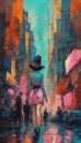AI generated illustration of an oil painting of a woman strolling in the rain on a city street Royalty Free Stock Photo