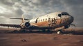 AI-generated illustration of an old abandoned aircraft in a barren desert landscape