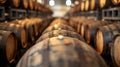 AI generated illustration of old barrels and a dimly lit warehouse interior Royalty Free Stock Photo