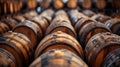 AI generated illustration of old barrels and a dimly lit warehouse interior Royalty Free Stock Photo