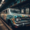 Old classic car as a train covered in graffiti Royalty Free Stock Photo