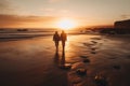 AI-generated illustration of an old couple taking a relaxing walk on a beach at sunset. Royalty Free Stock Photo
