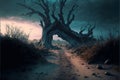 AI generated illustration of an old crooked tree on an isolated dirt road