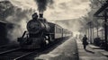 AI generated illustration of an old-fashioned steam engine chugging along a set of railway tracks