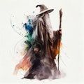 AI generated illustration of an old gray wise wizard with a staff on the empty white background