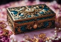 AI generated illustration of an old jewelry box with beads and pearls displayed on a table Royalty Free Stock Photo