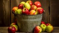 AI generated illustration of an old metal bucket overflowing with apples on a rustic wooden table Royalty Free Stock Photo