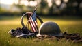 AI generated illustration of an old military helmet and shoes resting on grass with an American flag