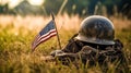 AI generated illustration of an old military helmet and shoes resting on grass with an American flag