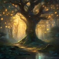 AI generated illustration of an old tree illuminated by glowing lights in the forest at night Royalty Free Stock Photo