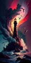 AI generated illustration of an old and weathered lighthouse against a stormy night skies Royalty Free Stock Photo