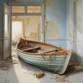 AI generated illustration of an old wooden boat in a derelict room Royalty Free Stock Photo