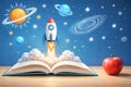 AI generated illustration of an open book launching a rocket into space with planets stars and apple symbolizing education Royalty Free Stock Photo