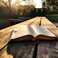 AI generated illustration of an open book on a wooden picnic table on a sunny day