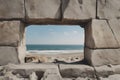 AI generated illustration of an open hole on a wall with a view of a tranquil beach Royalty Free Stock Photo