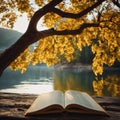 an open book laying on a rock next to a tree