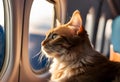 AI generated illustration of an orange and black tabby cat looking out the window of an airplane