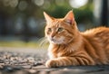 AI generated illustration of an orange cat basking in the warm sunlight atop a bed of gravel