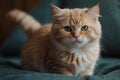 the orange cat is laying down on the green comforter