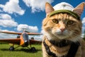 AI generated illustration of an orange cat wearing a cap in front of a large airplane