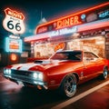 a orange muscle car parked next to a diner at night Royalty Free Stock Photo